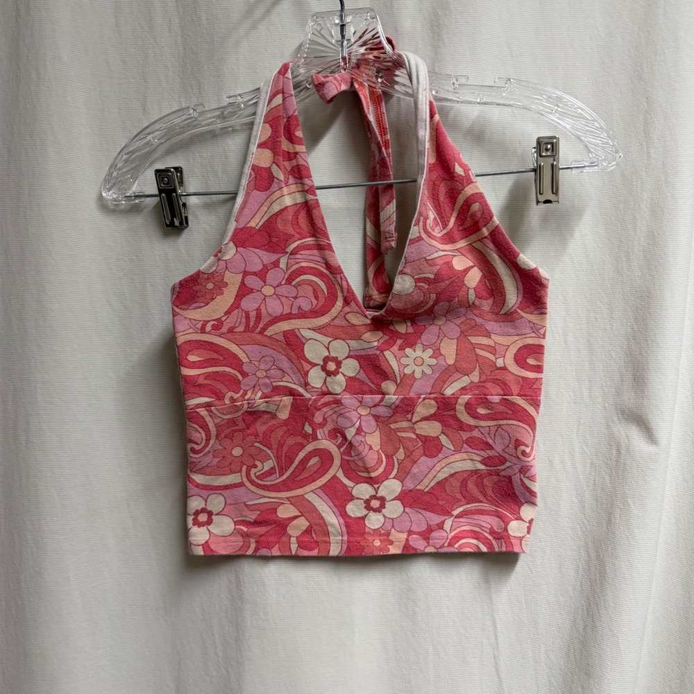 Hollister Must-Have Collection Pink Retro Floral Halter Crop Top Small Y2K Inspo